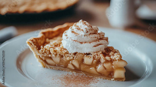 A close-up of a slice of apple pie with a golden crust and a rich filling, served with a dollop of whipped cream and cinnamon sprinkled on top.