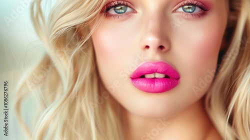 Beautiful blonde hair woman with pink lipstick beauty makeup, copy space AI generated image