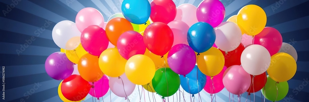 Tangled cluster of multicolored balloons against a radiant backdrop, whimsical scene, decorative arrangement, jumbled balloons Tangled cluster of multicolored balloons against a radiant backdrop, whimsical scene, decorative arrangement, jumbled balloons