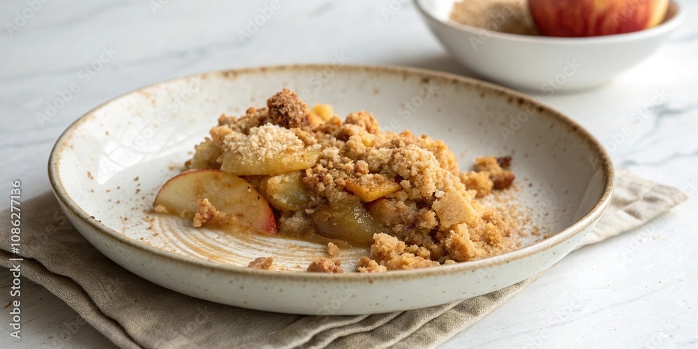 The plate is simple yet elegant, providing a pure backdrop for the warm and comforting apple crumble, warmth, simplicity, white The plate is simple yet elegant, providing a pure backdrop for the warm and comforting apple crumble, warmth, simplicity, white