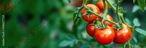 Tomatoes cluster together at the top of a Solanum lycopersicum plant's main stem, clustered, red photo