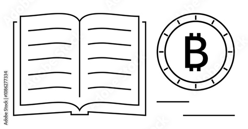 Open book beside Bitcoin coin symbol representing the intersection of learning and digital currency. Ideal for blockchain education, financial literacy, cryptocurrency courses, digital economy