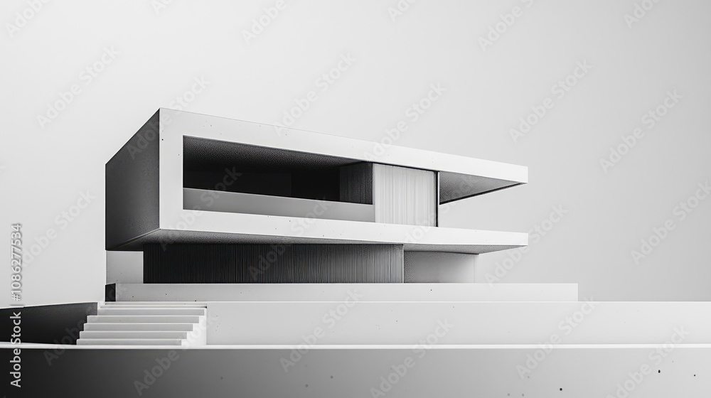 A sleek, minimalist model of a modern house on a white surface, emphasizing clean lines and open spaces. A sleek, minimalist model of a modern house on a white surface, emphasizing clean lines and open spaces.