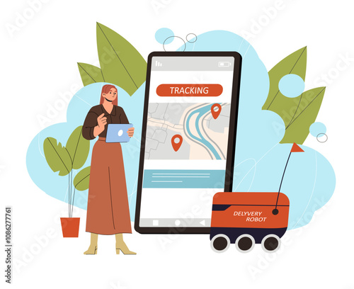 Woman with delivery robot. Girl with bot near smartphone. Remote control. Logistics and shipping, distribution. Online shopping and fast delivery. Flat vector illustration isolated on white background