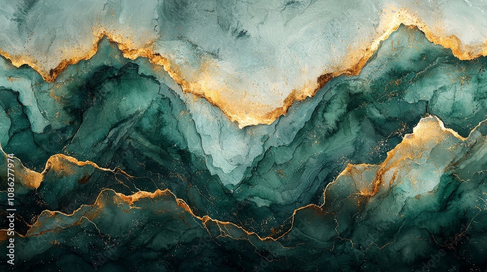 Abstract mountain landscape with teal and gold tones, evoking serenity and elegance. Abstract mountain landscape with teal and gold tones, evoking serenity and elegance.