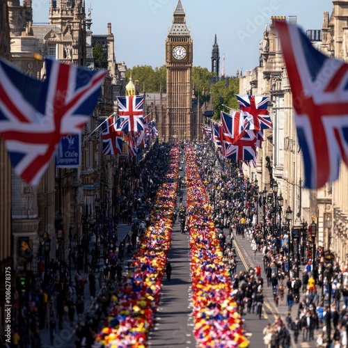 Union Jack Flag Garlands Adorning London Street for UK National Celebration, King's Coronation, or Funeral photo