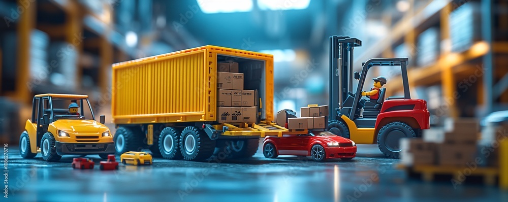 Miniature trucks and forklift loading boxes in a warehouse. Miniature trucks and forklift loading boxes in a warehouse.