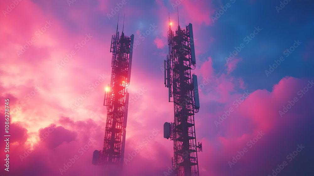 Illustration of Telecommunication Towers at Sunset Illustration of Telecommunication Towers at Sunset