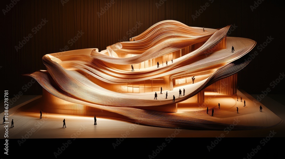 An architectural model of a concert hall with flowing lines and curves, displayed in soft lighting for dramatic effect. An architectural model of a concert hall with flowing lines and curves, displayed in soft lighting for dramatic effect.