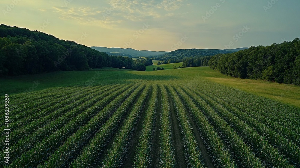 Aerial view of a vast, verdant farmland with rows of crops stretching towards distant hills under a tranquil sky.
