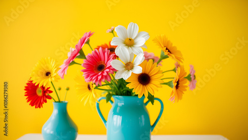 Vibrant flowers in a turquoise vase against a bright yellow background, adding a cheerful and lively touch to home decor.