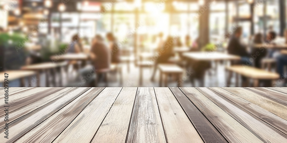 Space to place product or advertising, on empty wooden table, with blurred restaurant background Space to place product or advertising, on empty wooden table, with blurred restaurant background