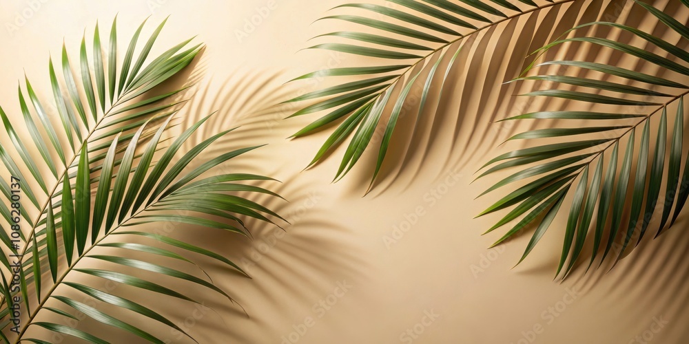 Fototapeta premium Palm leaves shadow on beige background, freeze motion, palm leaves, shadow, beige, background, nature, tropical, sunlight