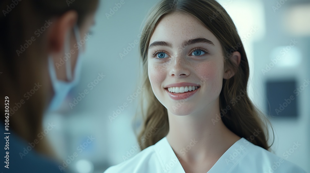 A young woman interacting with a healthcare professional in a medical setting A young woman interacting with a healthcare professional in a medical setting