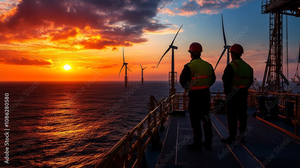 Fototapeta premium Offshore wind farm workers silhouetted against a vibrant sunset. (1)