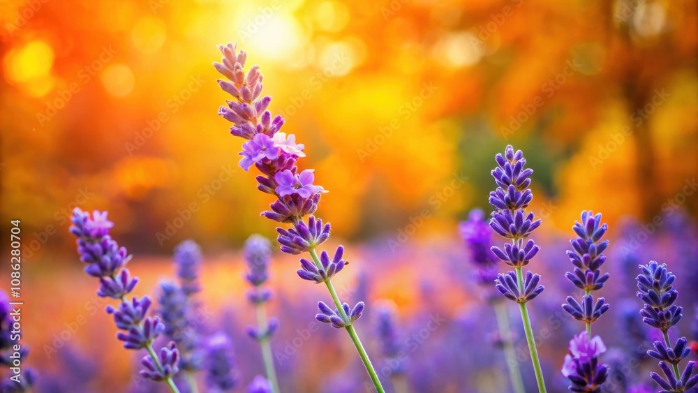 Naklejka premium Vibrant fresh lavender flower blooming outdoors in autumn, lavender, flower, autumn, growth, nature, plant, purple, fragrant