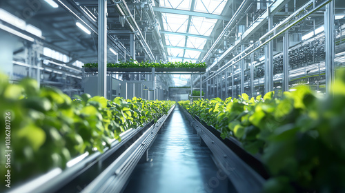 Automated production line in an organic food factory showcasing efficient technology and healthy plant growth