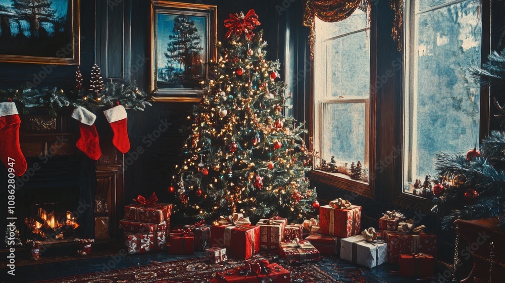 A beautifully adorned Christmas tree glows in a cozy, dimly lit room, surrounded by colorful presents and festive stockings, radiating warmth and holiday spirit. A beautifully adorned Christmas tree glows in a cozy, dimly lit room, surrounded by colorful presents and festive stockings, radiating warmth and holiday spirit.
