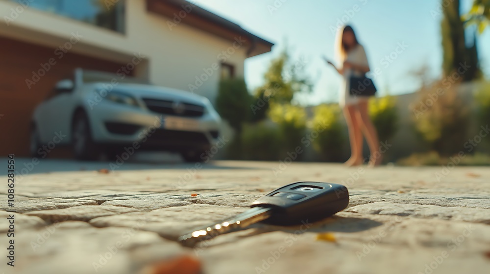 Obraz premium lost car key lying in the yard in front of the house