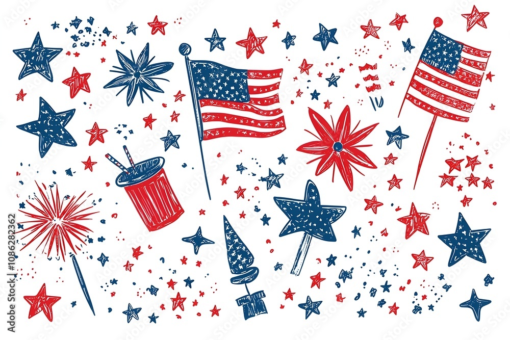 Fototapeta premium july, freedom, red, flag, patriotism, illustration, day, blue, design, background, event, poster, vector, anniversary, star, holiday, symbol, america, american, fourth, independence, national, sign, f