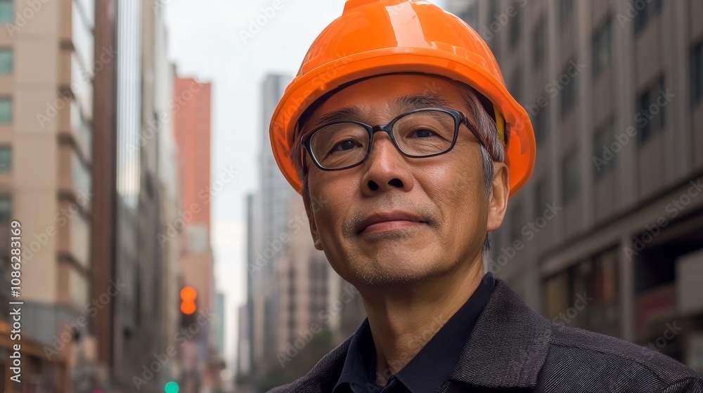 A focused man in a hard hat and glasses surveys the urban landscape, embodying determination and safety amidst the bustling city environment. A focused man in a hard hat and glasses surveys the urban landscape, embodying determination and safety amidst the bustling city environment.
