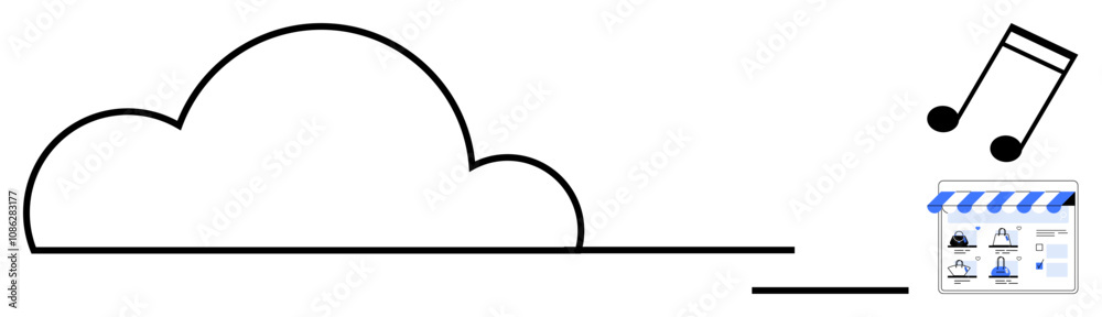 Cloud shape connected to a small application store icon with a music note above. Ideal for digital storage, music industry, online applications, cloud services, data security, productivity tools Cloud shape connected to a small application store icon with a music note above. Ideal for digital storage, music industry, online applications, cloud services, data security, productivity tools