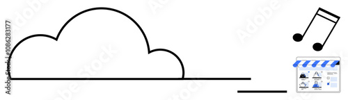 Cloud shape connected to a small application store icon with a music note above. Ideal for digital storage, music industry, online applications, cloud services, data security, productivity tools