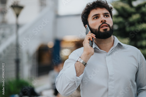 Concerned young man in a white shirt having a serious phone conversation while walking outdoors in an urban environment. photo