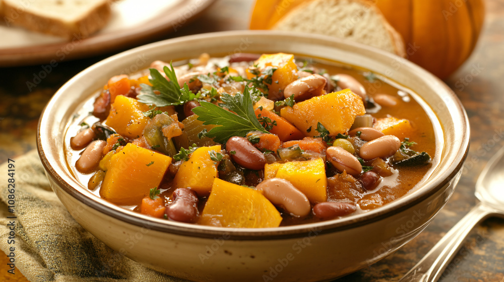 A comforting bowl of autumn vegetable stew with squash, carrots, and beans, garnished with fresh parsley, served with a side of whole-grain bread. A comforting bowl of autumn vegetable stew with squash, carrots, and beans, garnished with fresh parsley, served with a side of whole-grain bread.