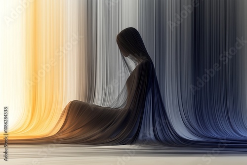 Silhouetted portrait of a girl or young woman shrouded in a veil of sheer fabric and sitting on the floor of an interior space with flowing curtains, in black, white and yellow, abstract, stage, curta photo