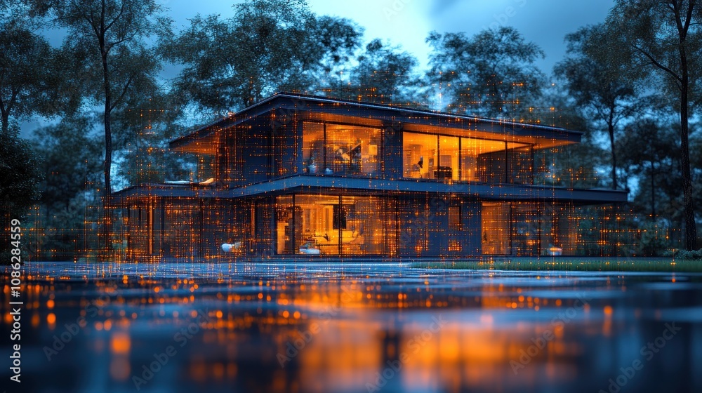 Modern house illuminated at dusk with a digital overlay effect. Modern house illuminated at dusk with a digital overlay effect.