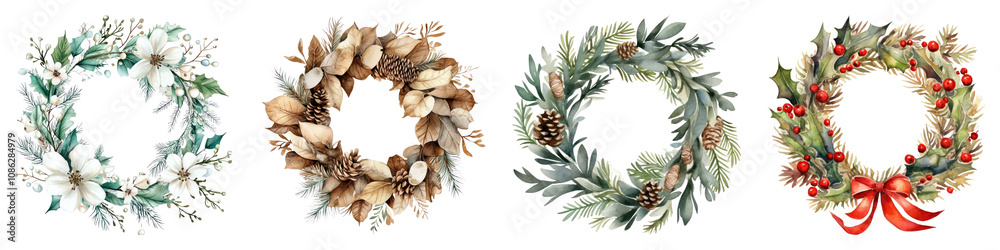 Fototapeta premium Christmas wreath watercolor png cut out element set