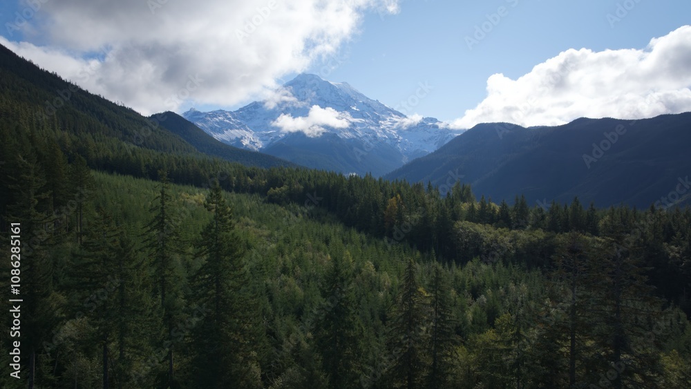 Fototapeta premium A breathtaking scenic view of Mount Rainier in the distance, surrounded by rolling forested hills and a lush green valley.