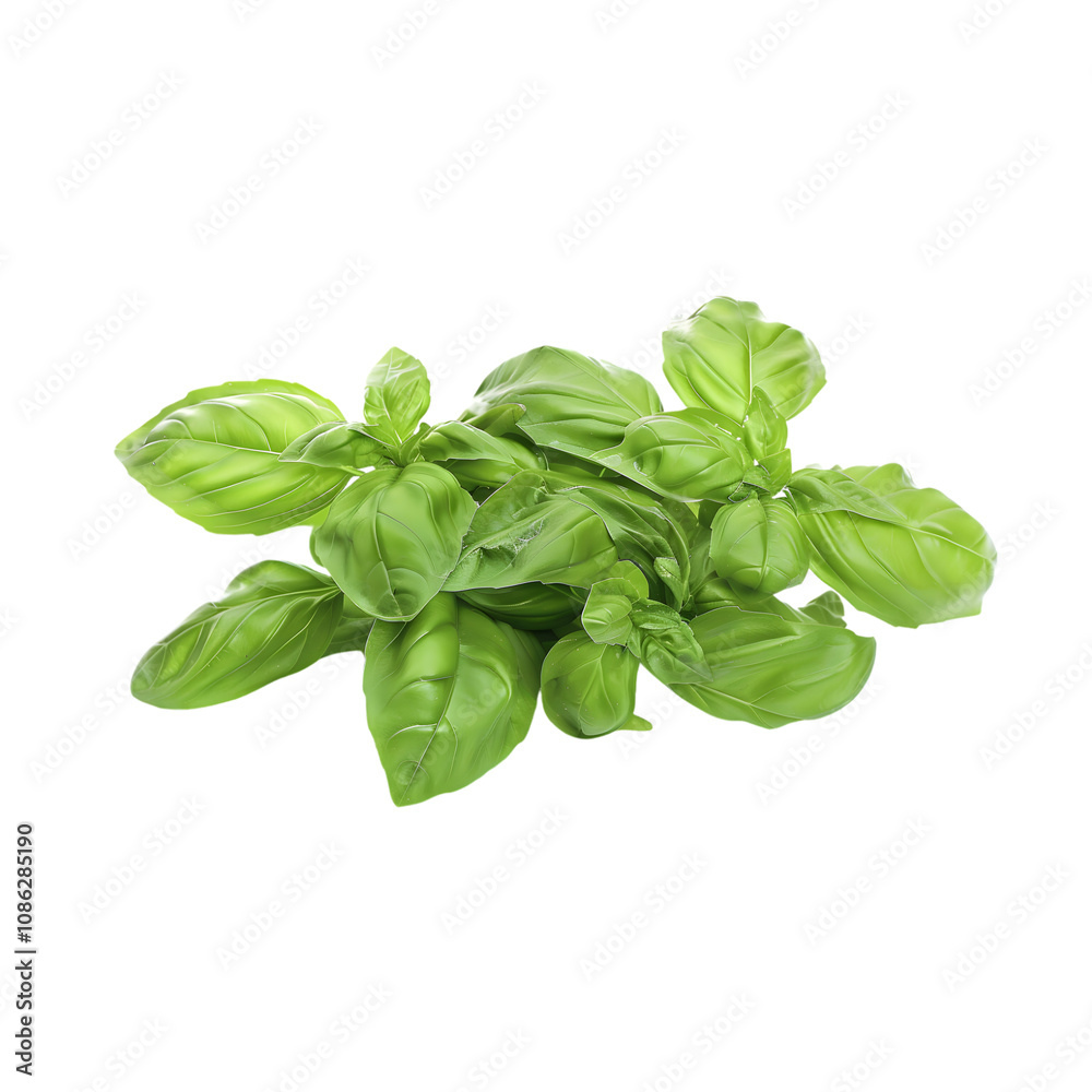 Detailed view of a bunch of basil leaves isolated on a transparent background, capturing their natural shine and dense foliage. Detailed view of a bunch of basil leaves isolated on a transparent background, capturing their natural shine and dense foliage.