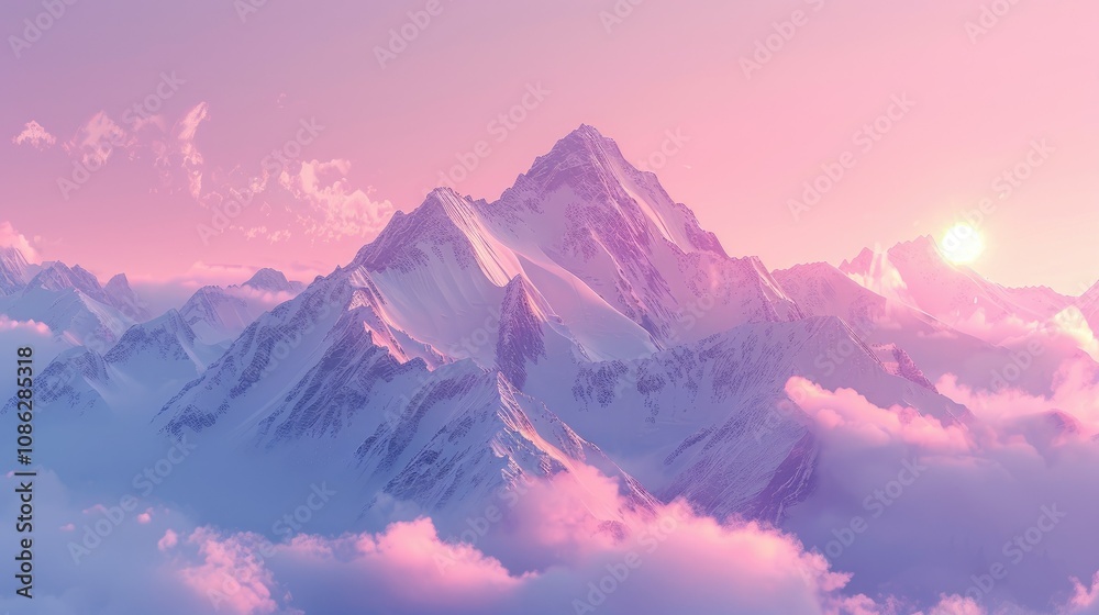 Snowy peaks of a mountain range against a pink sky Snowy peaks of a mountain range against a pink sky