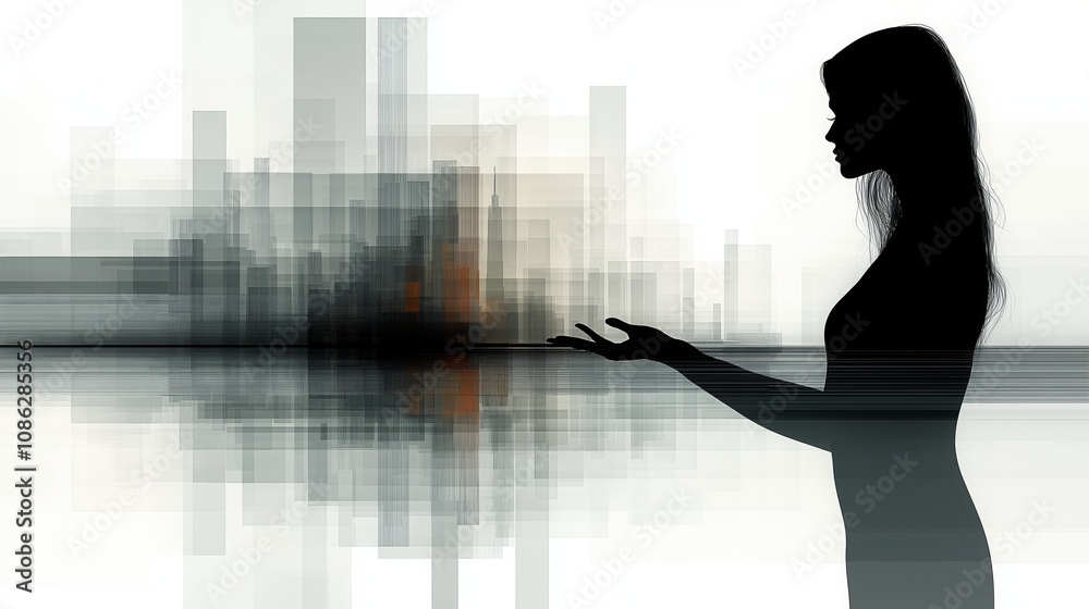 Fototapeta premium Abstract illustration featuring the silhouette of a young woman gesturing toward the city skyline in the background, in black, white and red
