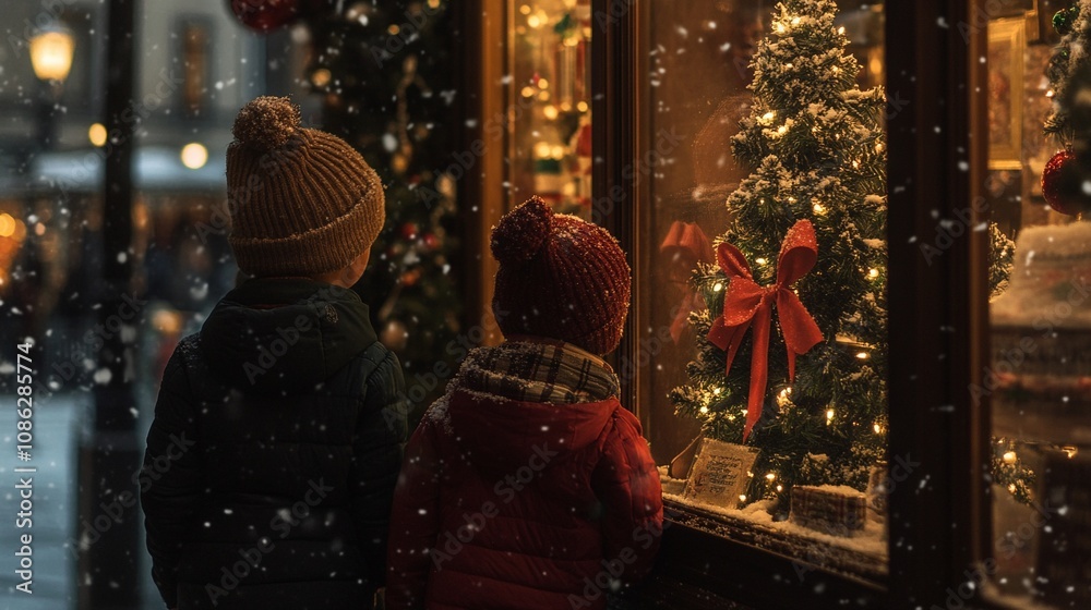 two children looking at some christmas decorations two children looking at some christmas decorations