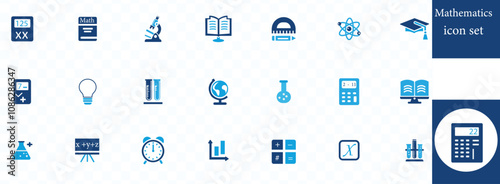 Mathematics icon set. Containing math, geometry, calculator, statistics, angle, equations, pie chart, calculation and more. Solid vector icons collection