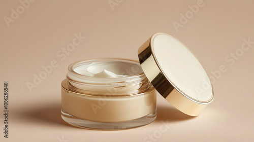 Luxurious skincare concept with open cosmetic jar with golden lid and white cream on minimalist beige background