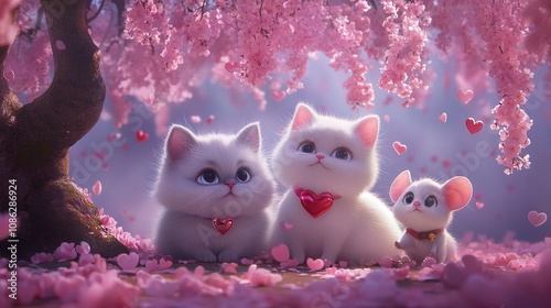 Adorable White Kittens and Mouse Under Cherry Blossom Tree