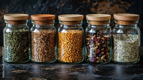 Wholesome grains and cereals in glass jars with wooden lids photo