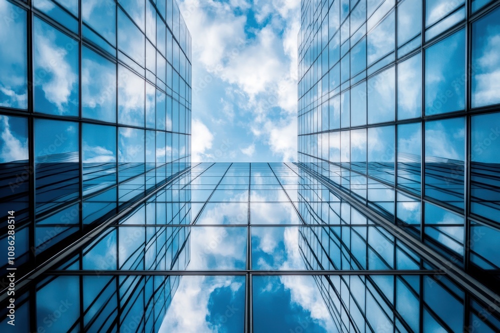 Obraz premium Looking up at a modern glass building against a bright blue sky.