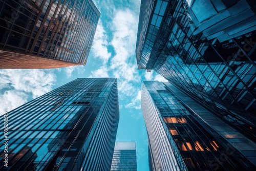 Wallpaper Mural Looking up at a cluster of towering skyscrapers against a bright blue sky with puffy clouds. Torontodigital.ca