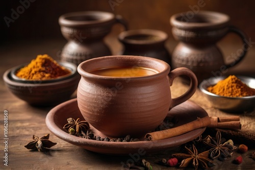 A hot cup of Indian masala chai in a small clay kulhad, surrounded by spices. photo