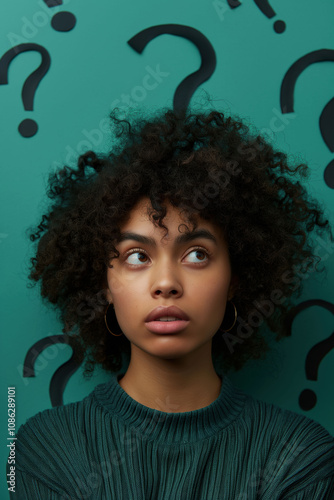 Confused woman with curly hair surrounded by question marks on a teal background in daylight