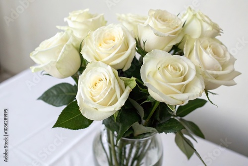 Close-up of a delicate white rose bouquet in a vase, pure, flower vase