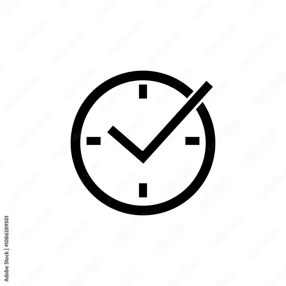 Check mark on clock, vector flat black simple illustration for web and app..eps Check mark on clock, vector flat black simple illustration for web and app..eps