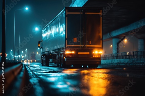 Semi truck driving on a wet road under an overpass at night.