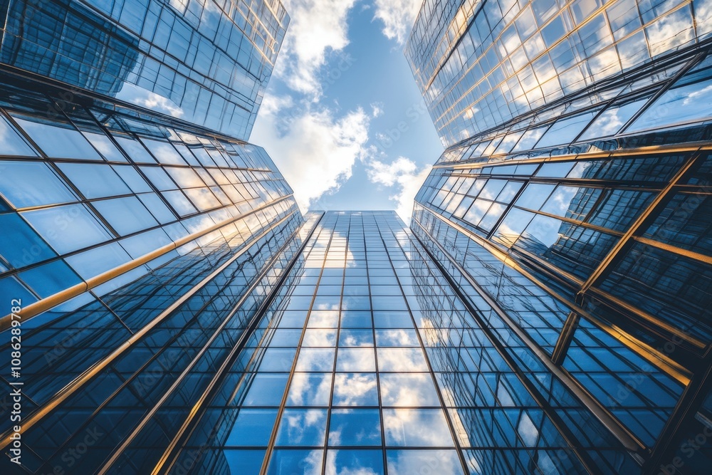 Obraz premium Tall glass buildings with blue sky and clouds reflected in the windows.