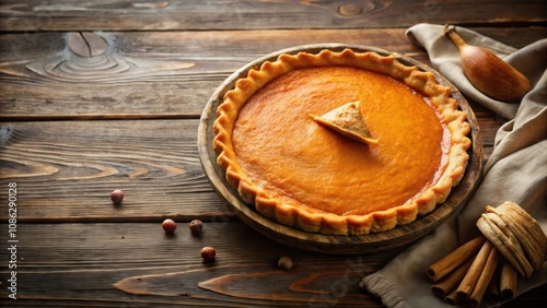 Delicious homemade sweet potato pie on a rustic wooden table , dessert, Thanksgiving, holiday, baked, delicious